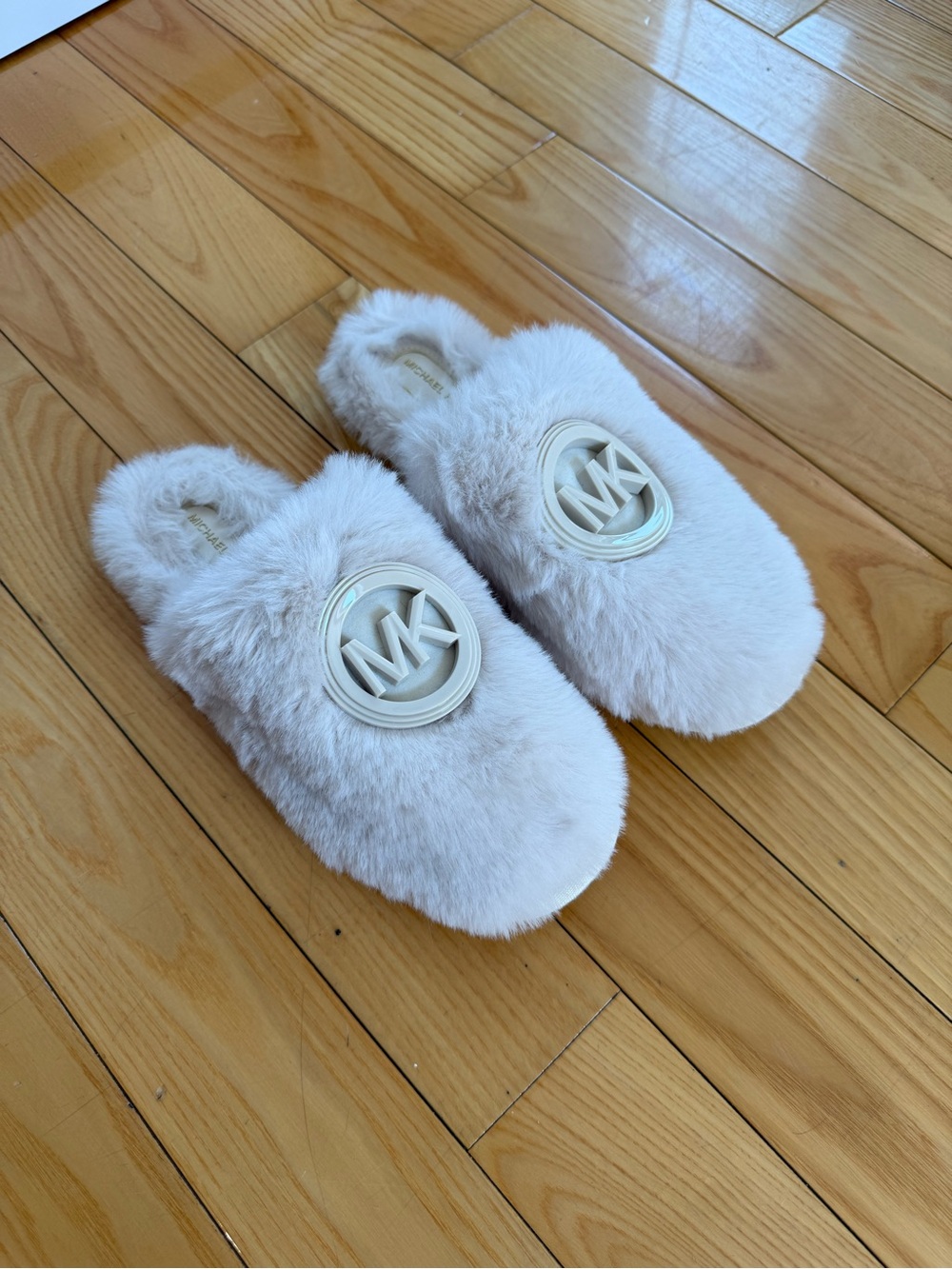 Michael Kors Plush Cream Faux-Fur Logo Slide Slippers